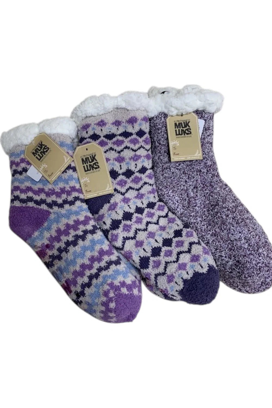 MUK LUKS Women's Set of 3 Aloe Infused Cozy Cabin Socks Purple